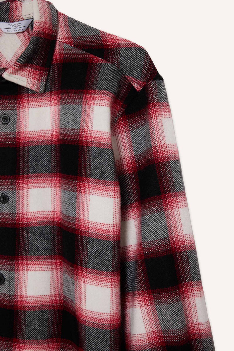 DeFacto Red Man Regular Fit Polo Neck Flannel Plaid Long Sleeve Shirt Casual - Image 5